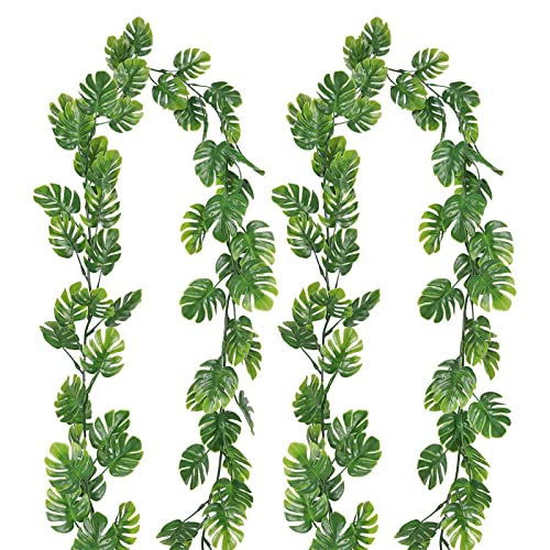 RECUTMS 2Pcs Artificial Monstera Leaf Vines 5.9FT Fake Hanging Plants Ivy Faux Tropical Palm Leaves Greenery Garland for Garden Porch Patio Jungle Luau Beach Birthday Party Indoor Outdoor Spring Décor - color: Monstera Leaf Vines 2pcs