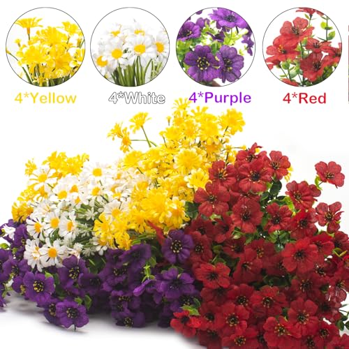 AITISOR Outdoor Artificial Flowers, 16 Bundles UV Resistant Realistic Faux Plastic Plants with Colorful Daisies for Porch, Patio, Yard, Garden, Spring Home Decor (Window Box & Planters)