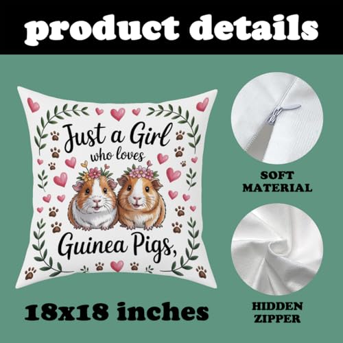 Fokongna Just a Girl who Loves Guinea Pigs Decorative Pillow Covers Throw Cover, Cute Farmhouse Animal Guinea Pig for Room Bed Chair Couch Decorative Pillowcase 18 x 18 Inch - color: Girl