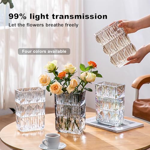 Amber Crystal Flower Vase Heavyweight Glass Centerpiece Warm Vintage Vases for Living Room Boho Home Decor Securely Packaged 5.1x3.11x7.88 in 1 Pc - color: Clear Amber
