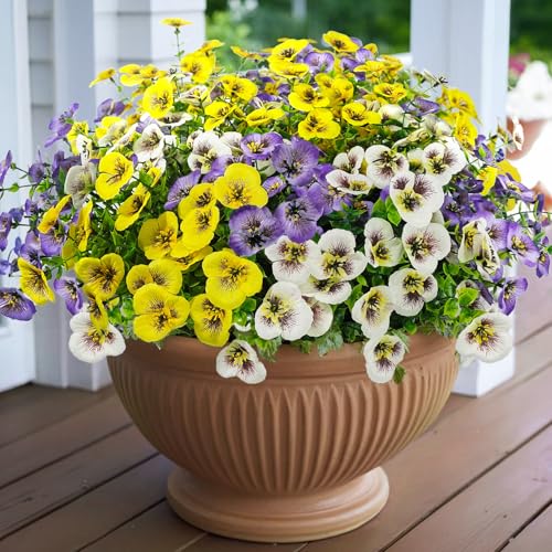 16 Bundles Artificial Fake Pansies Flowers for Outdoors Silk Colorful Pansy UV Resistant Faux Plastic Plants for Outside Planter Front Door Porch Yard Patio Garden Decor (Yellow Purple White) - color: Yellow Purple White