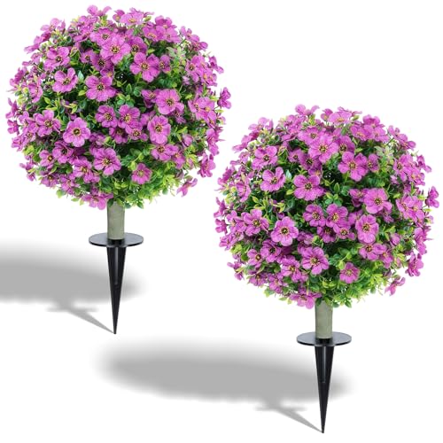 24''Artificial Flowers for Outdoors,2 Pack Topiary Ball Trees Fake Outdoor Plants with Ground Spike,UV Resistant Faux Shrubs for Garden,Porch,Front,Patio,Violet - color: Purple Violet