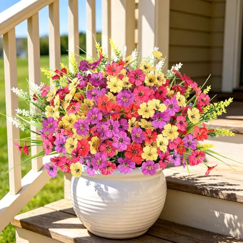 24 Bundles Realistic Fake Flowers for Outdoors, No Fade Faux Silk Flowers & Artificial Plants Lavender, for Garden Patio Porch Decor, Window Box, Hanging Basket, Planter, Grave Decorations - color: Mix Color, size: 24PCS