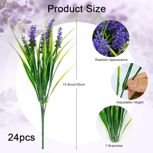 MERIXMAS 24 Bundles Artificial Plants Flowers Outdoor, Faux Lavender Flowers with Monkey Grass, UV Resistant Plastic Faux Plants for Indoor Outdoor Window Patio Hanging Planter Home Decor