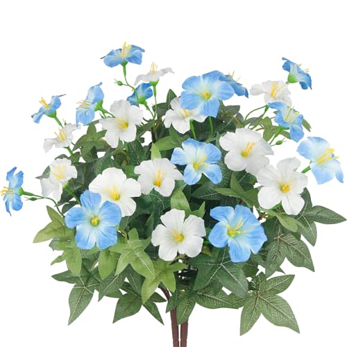 2 Pcs Artificial Flowers for Outdoors Fake Plants Outside Spring Summer Decoration Realistic Silk Morning Glory UV Resistant Faux Flowers for Planter Patio Yard Garden Front Porch Blue White - color: Blue, White