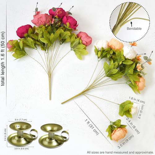 FiveSeasonStuff Sunset Whisper Artificial Peony & Hydrangea Bouquets, 2 Silk Flower Bundles with 2 Gold Taper Candle Holders, Cream Apricot & Berry Red Centerpiece for Home & Wedding Tables - color: Sunset Whisper