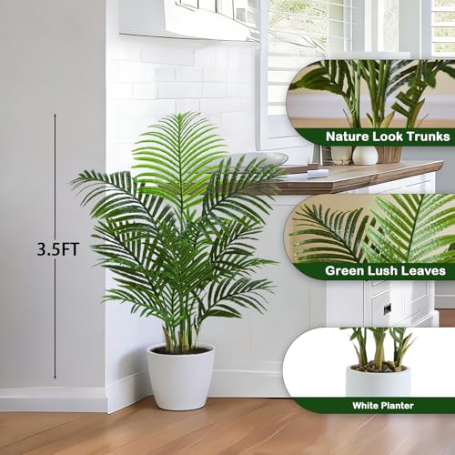 Artificial Palm Tree Indoor, 3.5FT Tall Faux Plants, Fake Tropical Silk Floor Plant with White Planter, Faux Areca Palm Plant Artificial Tree in Pot for Home Room Office Outdoor Patio Decor
