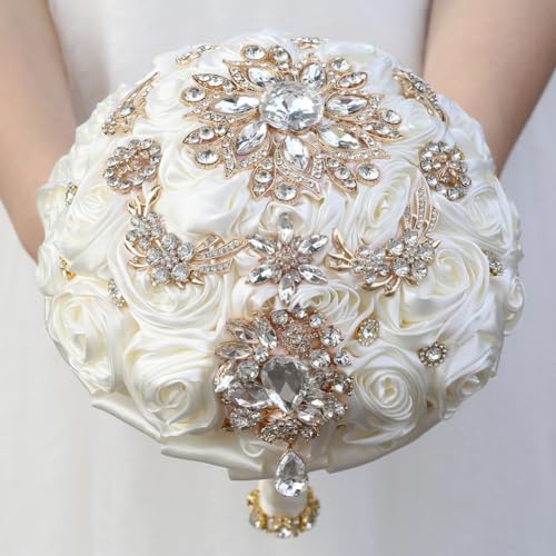 6.3in Small Bridal Bouquet Wedding Handmade with Luxury Gold Rhinestone Brooch Satin Rose Flower for Bridesmaid Bridal Wedding Bouquet Ivory - color: Ivory, size: Small (DIA. 6.3"/16cm)