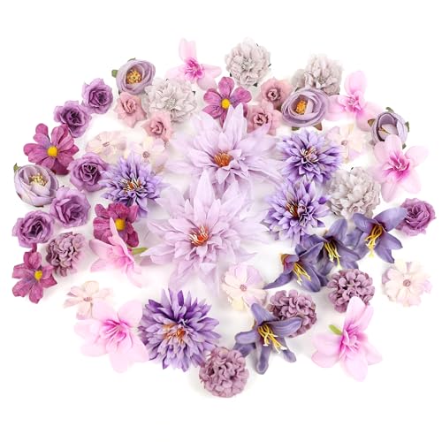 LACGO 48 PCS Artificial Flowers Heads, Fake Daisy Heads Bulk Silk Faux Rose DIY Cake Decor Blossom Garland Wreath Bouquets Crafts for Halloween Wedding Bridal Baby Shower Home Party Decoration(Purple) - color: Purple