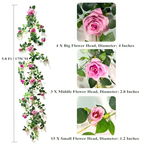 5.9FT Bendable Rose Flower Garlands, Artificial Silk Wild Roses Vine Hanging Flowers for Wall Fireplace Fence Trellis Wedding Baby Shower Home Spring Decor(Purple,2PC) - color: Purple, size: 2