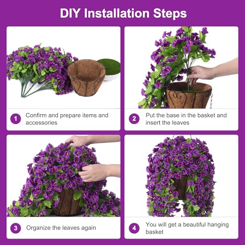 Ammyoo Artificial Faux Hanging Flowers Basket for Spring Summer Outdoor Porch Decor, Fake Silk Colorful Morning Glory Eucalyptus in Planter UV Resistant Look Real for Home Balcony Yard(Darkorchid) - color: Darkorchid