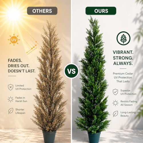5 Feet Outdoor Artificial Topiary Cedar Tree, Set of 2 UV Resistant Potted Faux Cedar Trees for Outdoors and Indoors, Decorative Fake Shrubs Topiary Trees for Home Living Room Front Door Decor - size: 5ft