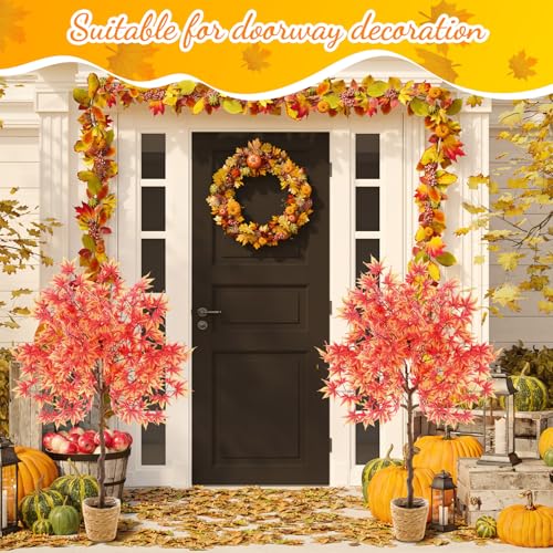 Giegxin 2 Pack 4ft Thanksgiving Day Artificial Maple Trees with Weaving Plant Baskets Faux Fall Tree Stem with Maple Leaves Thanksgiving Orange Potted Fake Plants Decor for Porch Front Home Office - color: Dark Orange, style: Maple Leaves