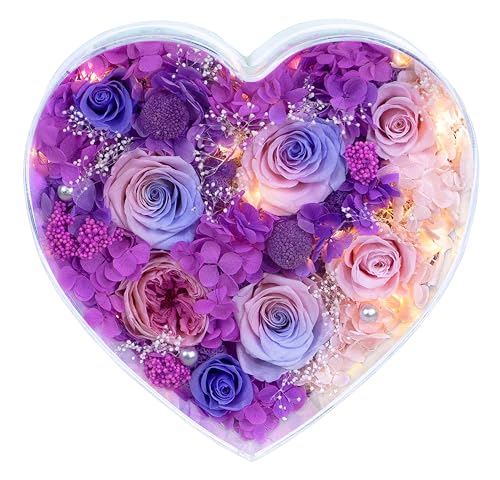 Valley of Rain & Forest Long-Lasting Real Flowers With Delivery | "Sweet" Preserved Floral Gift With Lights For You to Send Love, Romantic Home Decor (Forever Purple & Pink Roses Arrangement) - color: Purple & Pink Roses