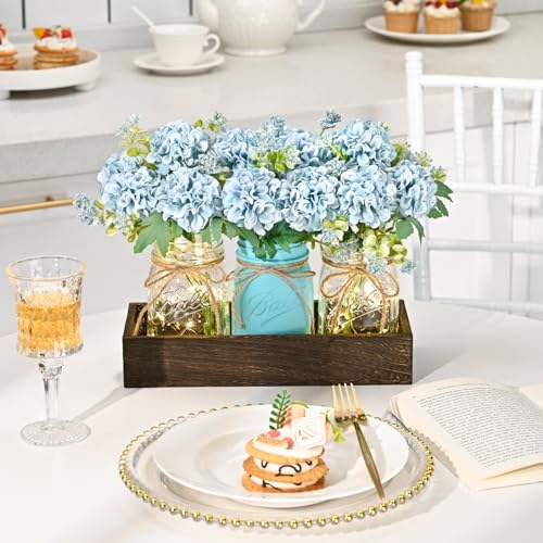 BLEUM CADE Centerpiece Table Decorations - Mason Jar Lights Centerpiece for Kitchen Dining Table Farmhouse Coffee Table Wedding Home Decor with 3 Jars Hydrangea Artificial Flowers & Wood Tray - color: Blue-hydrangea