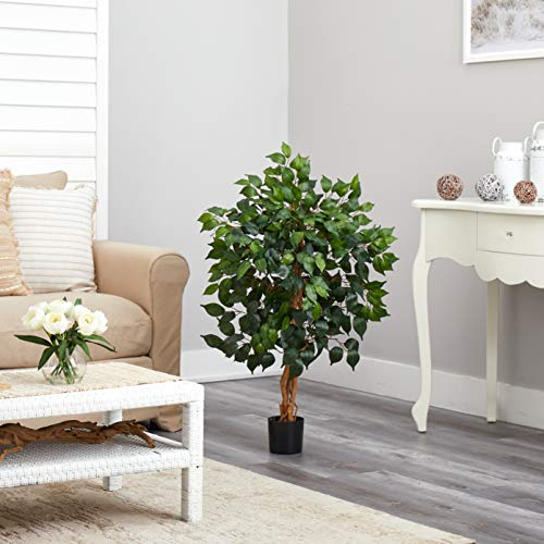 Nearly Natural 36in Triple Trunk Artificial Ficus Tree with Natural Wood Trunks, Fake Tree for Indoor Home Decor, Faux Ficus Plant in Black Nursery Pot - size: 3ft, style: Tree in Pot