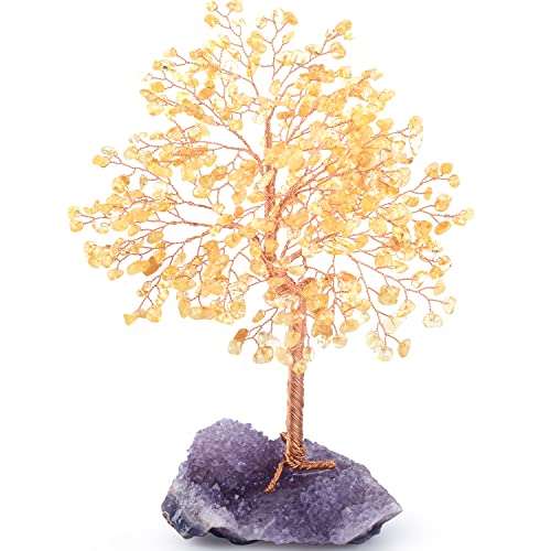 Gemstone Crystal Tree of Life,Natural Citrine(406 Stones Count) with Amethyst Cluster Base,Chakra Healing Crystals Positive Energy Fengshui Bonsai Money Tree Gift 8.5"-9" - color: Citrine With Amethyst Cluster Base