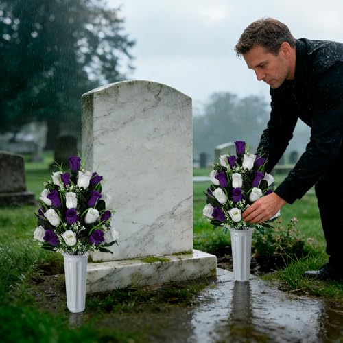 Artificial Cemetery Flowers - Set of 2 Grave Memorial Rose Flowers with Vase for Cemetery Headstones Gravesites Decoration (Purple & White) - color: Purple & White