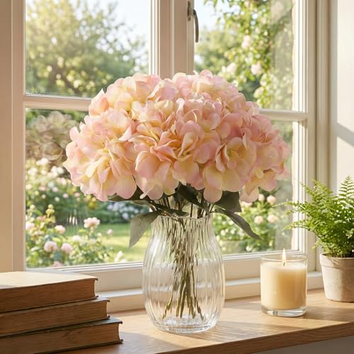 2Bouquets Artificial Fake Flowers Silk Hydrangea Arrangements Wedding Bouquets Decorations Plastic Floral Home Kitchen Garden Party Festival Bar DIY (Champagne Pink) - color: Champagne Pink