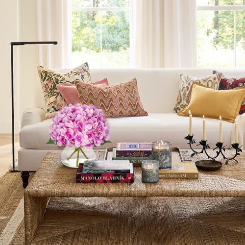Hollyone Hydrangea Artificial Flowers with Glass Vase Purplish Pink Silk Faux Flowers Arrangements in Vase with Faux Water Fake Floral Bulk Bouquet for Home Decor Table Centerpiece Decorations - color: Hydrangea, Purplish Pink