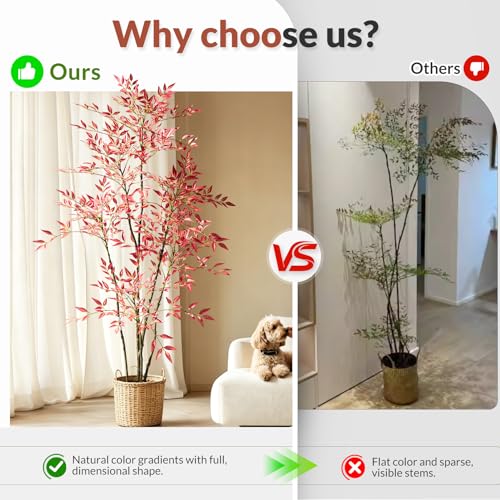 Tall Faux Plastic Silk Plants Large Artificial Bamboo Tree Indoor Outdoor Realistic Floor Plant Potted Fake Nandina Trees for Home Living Room Office Front Porch Patio decoracion Housewarming Gift - color: Red, size: 7ft 3in