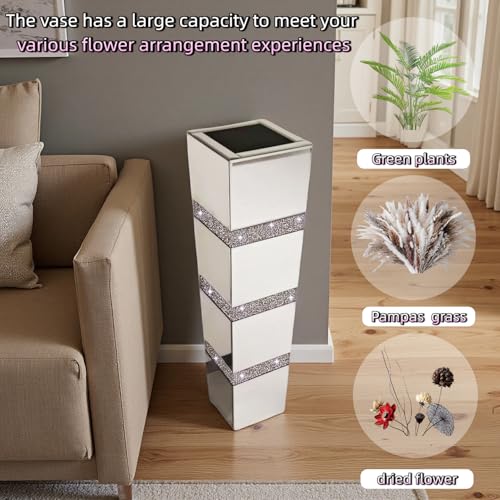 30" Large Crushed Diamond Floor Vases,Tall Mirrored Silver Crystal Vase, Floor Vases Decorative Tall for Home,Office,Hotel (8" L x 8" W x 30" H) - size: 8" L x 8" W x 30" H