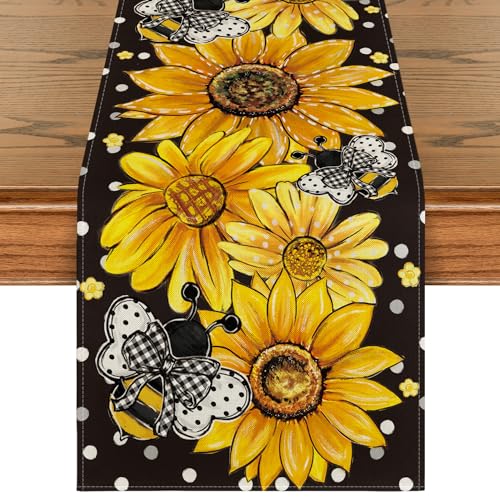 Artoid Mode Black Sunflower Bee Flower Polka Dot Summer Table Runner, Seasonal Kitchen Dining Table Decoration for Indoor Party Home 13x72 Inch - color: Black, size: 13" x 72", Table Runner