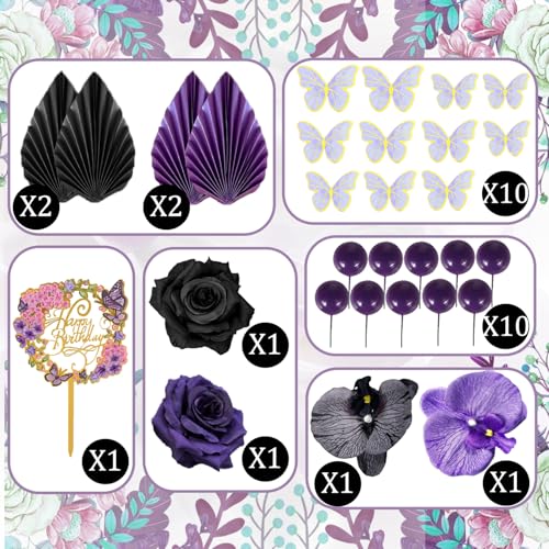 29 PCS Flower Cake Topper Palm Leaves Butterfly Ball Boho Cake Decorations Acrylic Happy Birthday Cake Toppers Cupcake Cake Topper for Wedding Birthday Party Decoration Supplies(Black Purple) - color: Black Purple