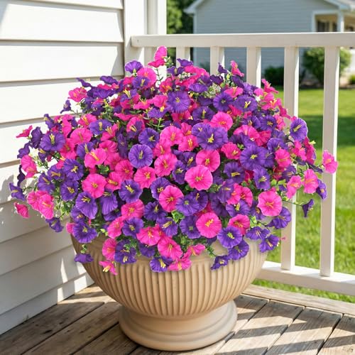 Artificial Flowers for Outdoors, 16 Bundles Mix Color Silk Fake Flowers Morning Glory UV Resistant Eucalyptus Plants Faux Petunias Plants for Porch Garden Planters Window Box Outside Indoor Decor - color: Purple Fuchsia