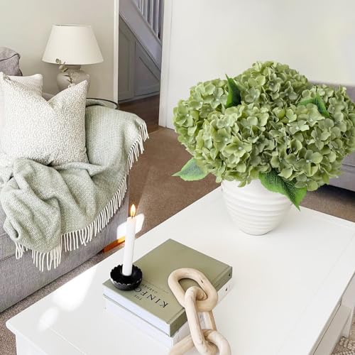JINWOE Green Flowers Artificial Hydrangeas, 5Pcs 20Inch Large Lifelike Faux Silk Flowers, Full Artificial Hydrangeas for Bouquet Table Centerpieces Indoor Spring Outdoor Home（Rosemary Green） - color: Rosemary Green