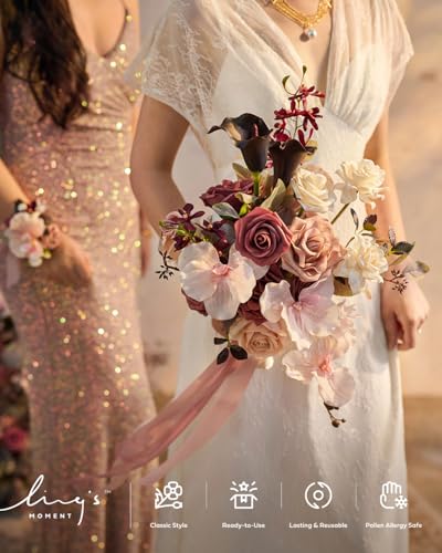 Ling's moment Dusty Rose Wedding Bouquets for Bride, Pink Bridal Bouquets for Bride, 13 Inch Free Form Artificial Wedding Flower Bouquet - color: Pk- Dusty Rose & Mauve, size: Small 13 Inch
