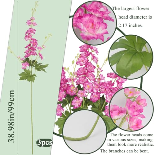 3 Pcs Delphinium Artificial Flowers 40" Long Stem Silk Larkspur Flowers Bulk Magenta Faux Delphinium Stems for Tall Floor Vase Wedding Floral Arrangement Centerpieces Outdoor Home Decor Indoor - color: Magenta