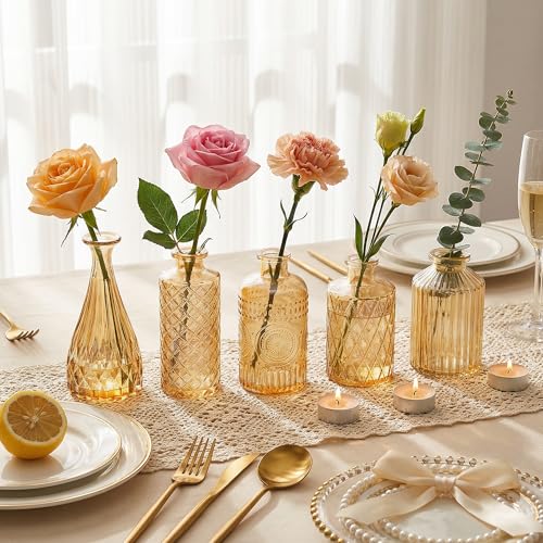 12 Pcs Clear Bud Vases Set, Small Vintage Glass Clear Bud Flower Vases Bulk Multiple Shape Cute Mini Glass Bottles Vases for Rustic Wedding Centerpieces Table Decorations and Home Decor (12, Gold) - color: Gold