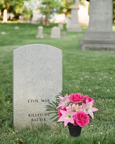 Hollyone Artificial Cemetery Flower for Graves, Pink Faux Lily Rose Flowers in Pot Silk Cemetery Memorial Flowers for Outdoors Gravesites Headstones Home Decoration - color: Deep Pink-rose Lily