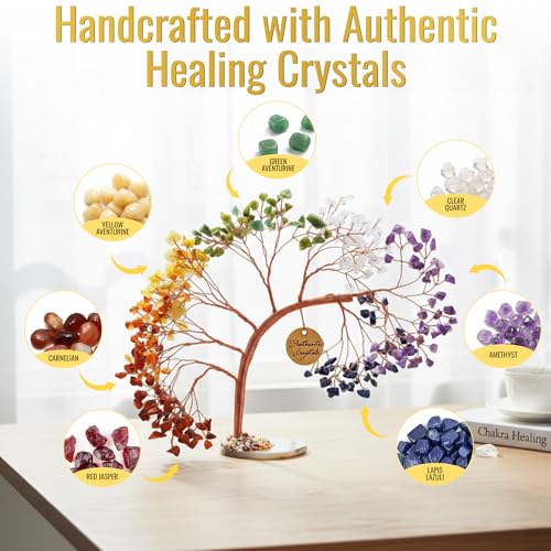 7 Chakra Tree of Life Crystal Tree | Healing Crystals & Stones | Handmade Bonsai Birthday Gift for Women, Mom, Sister & Friends | Brings Positivity, Money & Good Luck | Boho Home & Office Decor - color: N7- 7 Chakra Healing Crystal Tree Slice Base 300 Bea