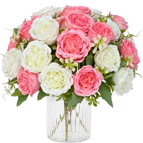 MARTINE MALL 2 Packs Peonies Artificial Flowers, Mixed White Pink Artificial Peonies, Silk Peonies Flowers Fake Peonies Artificial Flowers Peonies Bouquet for Centerpiece Table Wedding Home Decor - color: Mixed White Pink, size: 2PCS