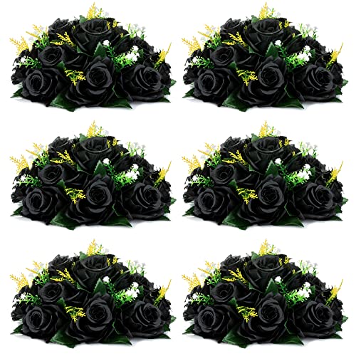 NUPTIO Black Artificial Roses Flowers: 6 Pcs Fake Flower Bouquet Halloween Decorations - 15 Heads Artificial Rose Centerpieces with Base for Gothic Wedding Party Table Decor - color: Black, size: 6 Pcs