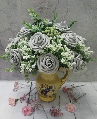 Higfra Artificial Flowers 50 Stems Realistic Roses - Lifelike Fake Flowers for Wedding Bouquets, Baby Shower Decor, Home Centerpieces, DIY Floral Arrangements (Grey, 50Pcs) - color: Grey, size: 50Pcs
