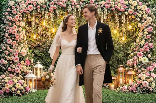 7X5ft Wedding Floral Wall Backdrop Romantic Rose Flower Arch Greenery Lantern Photography Background for Bridal Shower Wedding Birthday Party Photo Booth Props - color: Multi6, size: 7x5ft