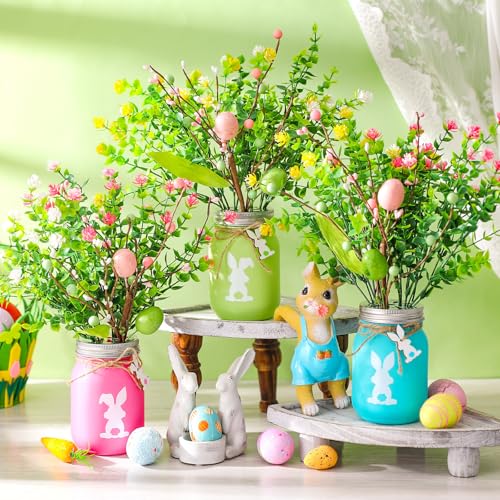 Pickmesh 3 Set Easter Bunny Mason Jars with Pastel Easter Eggs Picks with Artificial Flowers Berries Spring Tabletop Decor Centerpiece for Home Dining Table Holiday Decorations
