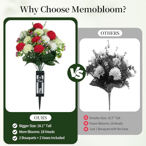 Artificial Cemetery Flowers for Grave: 2 Pcs 18 Heads Fake Mums Flowers with Vase for Cemetery Spring Decorations Outdoor Grave - color: Green & White & Red