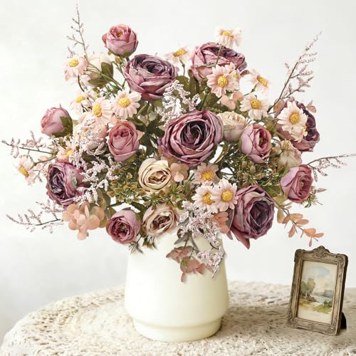 Artificial Roses Flowers 6 Pack Vintage Roses Pink Flowers Small Silk Rose Bouquet with Daisy Flowers Faux Floral Arrangements for Vase Centerpiece Table Wedding Party Bridal Decor - color: Pink, size: 6PCS