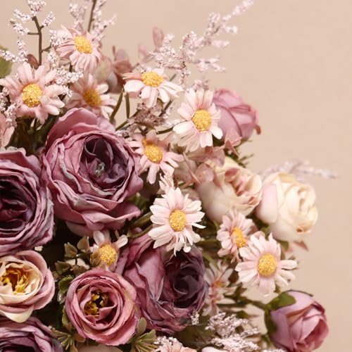 Artificial Roses Flowers 3 Pack Vintage Roses Pink Flowers Small Silk Rose Bouquet with Daisy Flowers Faux Floral Arrangements for Vase Centerpiece Table Wedding Party Decor - color: Pink, size: 3PCS