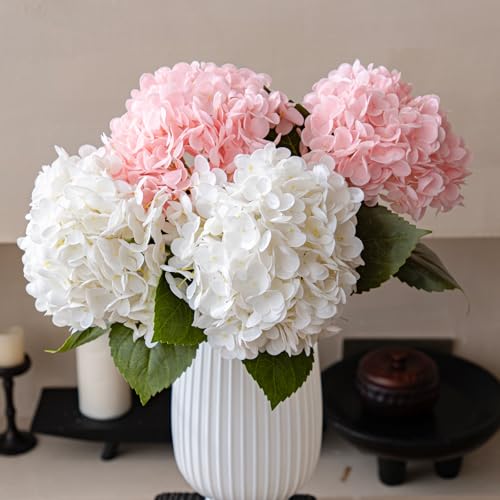 22" Large Real Soft Touch Artificial Hydrangea Flowers Bouquet Latex Hydrangeas for Wedding, Home, Office, Bridal Party Decoration Garden Office Room Table Centerpieces 2pcs White 2pcs Pink - color: 2pcs White 2pcs Pink