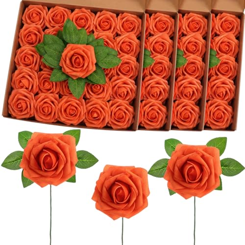 100 Pcs Artificial Foam Rose Flower Faux Bouquet Wedding Fake Rose Gift for Mother's Day Women DIY Bridal Shower Party Table Birthday Home Spring Decor (Burnt Orange) - color: Burnt Orange
