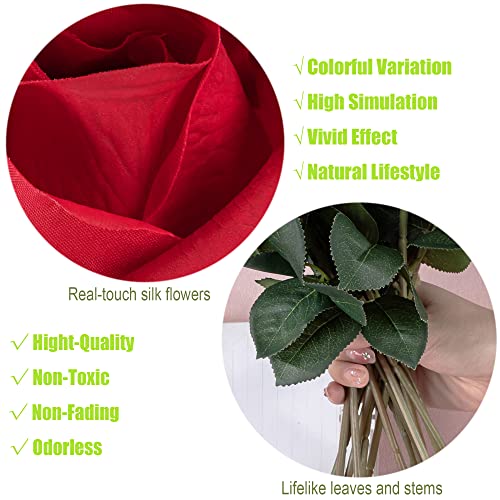 12pcs Half Opened Artificial Rose Buds,17 Inch Real Touch Silk Roses with Partially Opened Flowers, Artificial Flower for Home Décor Centerpiece Wedding Bouquet,Red - color: Red
