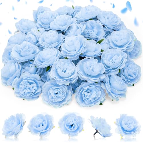 Thiccywoov 50 Pcs Artificial Flowers, 3.2 Inches Silk Rose Head Flowers Fake No Stem for Wedding Bridal Bouquet Home Floral Decor DIY Centerpieces Arrangements Party Tables Decoration(Sky Blue) - color: Light Blue