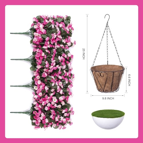 Ammyoo Artificial Flowers in Hanging Basket for Outdoors Spring Decor, Fake Mums Flowers Faux Plants with Basket for Indoors Home Porch Garden Yard Patio Decoration (Twin Pink) - color: Twin Pink