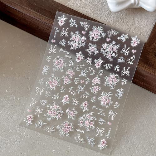 Pink Flower Nail Stickers Spring 5D Floral Nail Decals 1PCS Embossed Flowers Bouquet Bow Design Summer Adhesive Decals Nail Art Supplies for Women Manicure Decor - style: Style1-Pink Flower