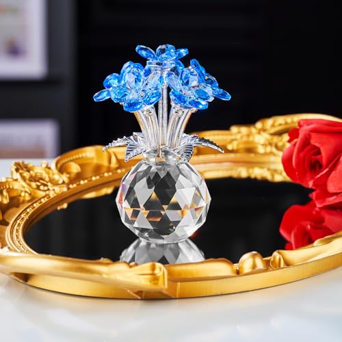 Blue Crystal Flower Glass Gifts for Sister Girlfriend Women Girl Wife,Crystal Flowers Bouquet Collectible for Wedding Anniversary Mom from Daughter Son (Blue Flower 02) - color: Blue